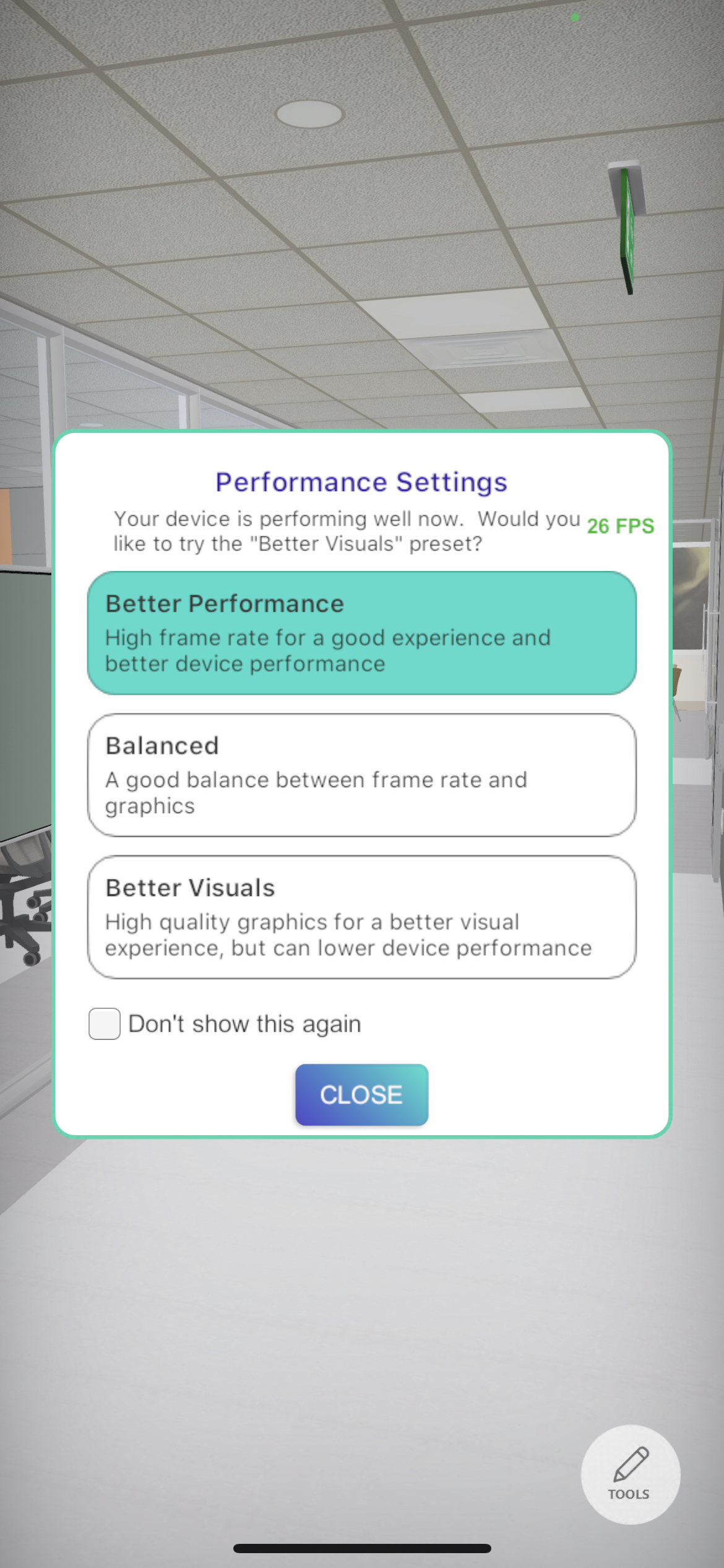 IMG-ICEreality-Connect_Mobile_033 ICEreality Performance settings pop-up window