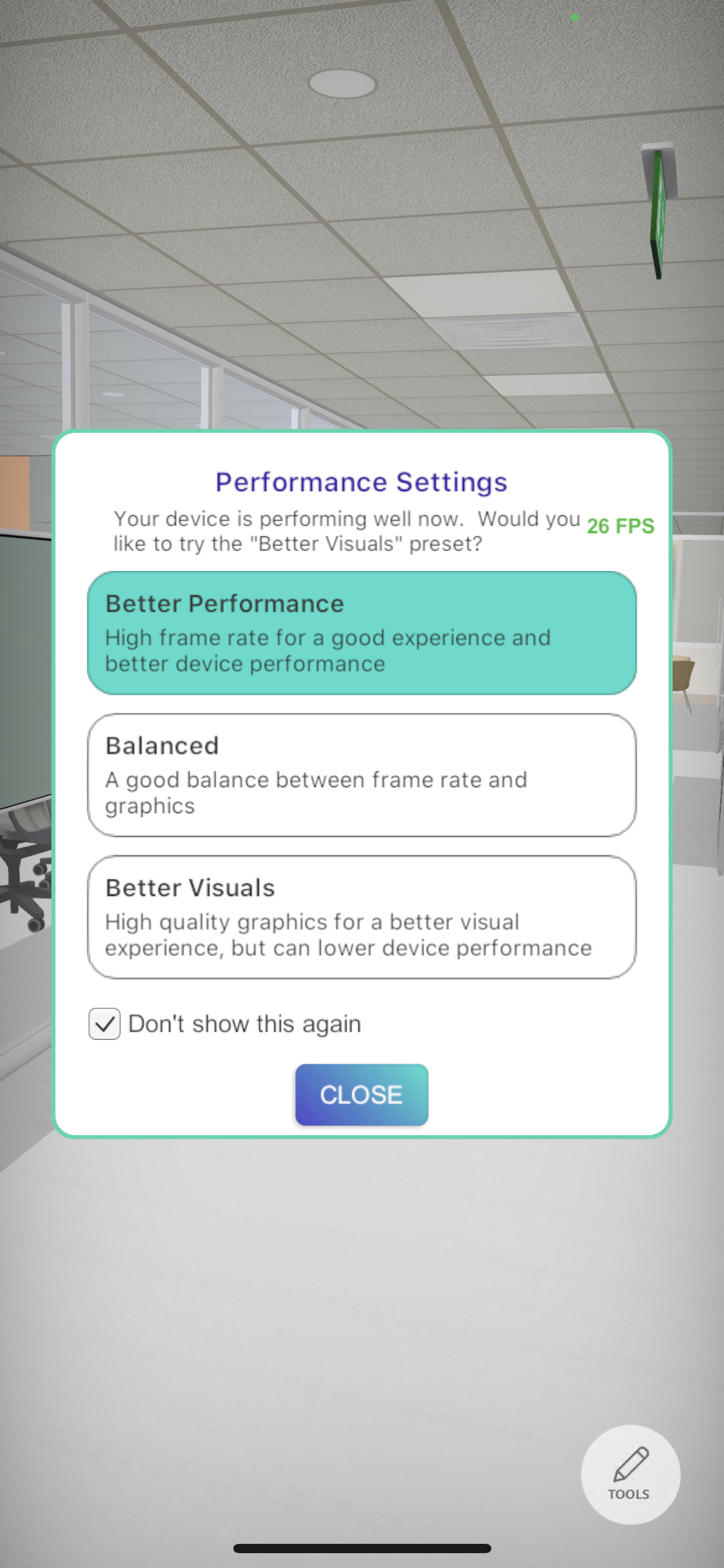 IMG-ICEreality-Connect_Mobile_034 ICEreality Performance settings pop-up window with check mark
