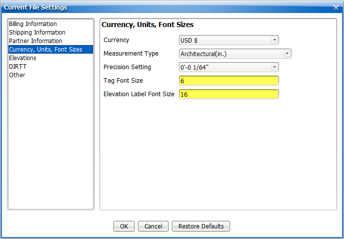 Currency, Units, Font Sizes Section in Current File Settings