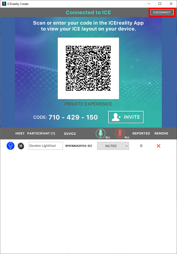 IMG_ICEreality-Create-025 ICEreality Create Window with the Disconnect button highlighted]