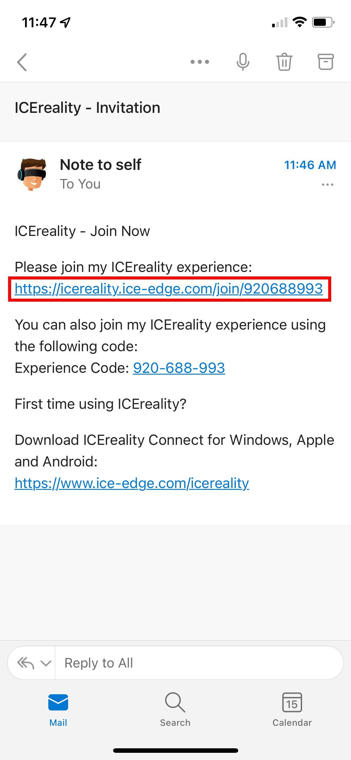 IMG-ICEreality-Connect_Mobile_021 Invite Email with Experience URL highlighted