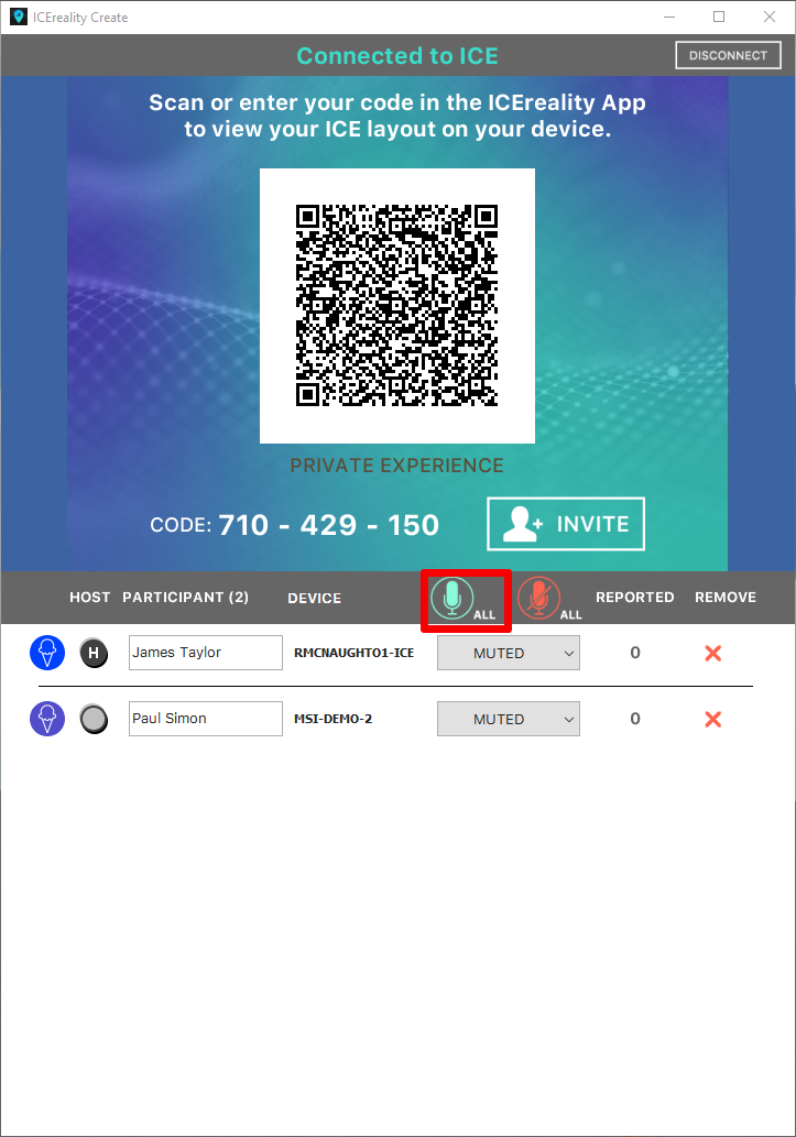 IMG_ICEreality-Create-022 Mouse hovering over the un-mute all button, with all users un-muted in experience in the ICEreality Create Window