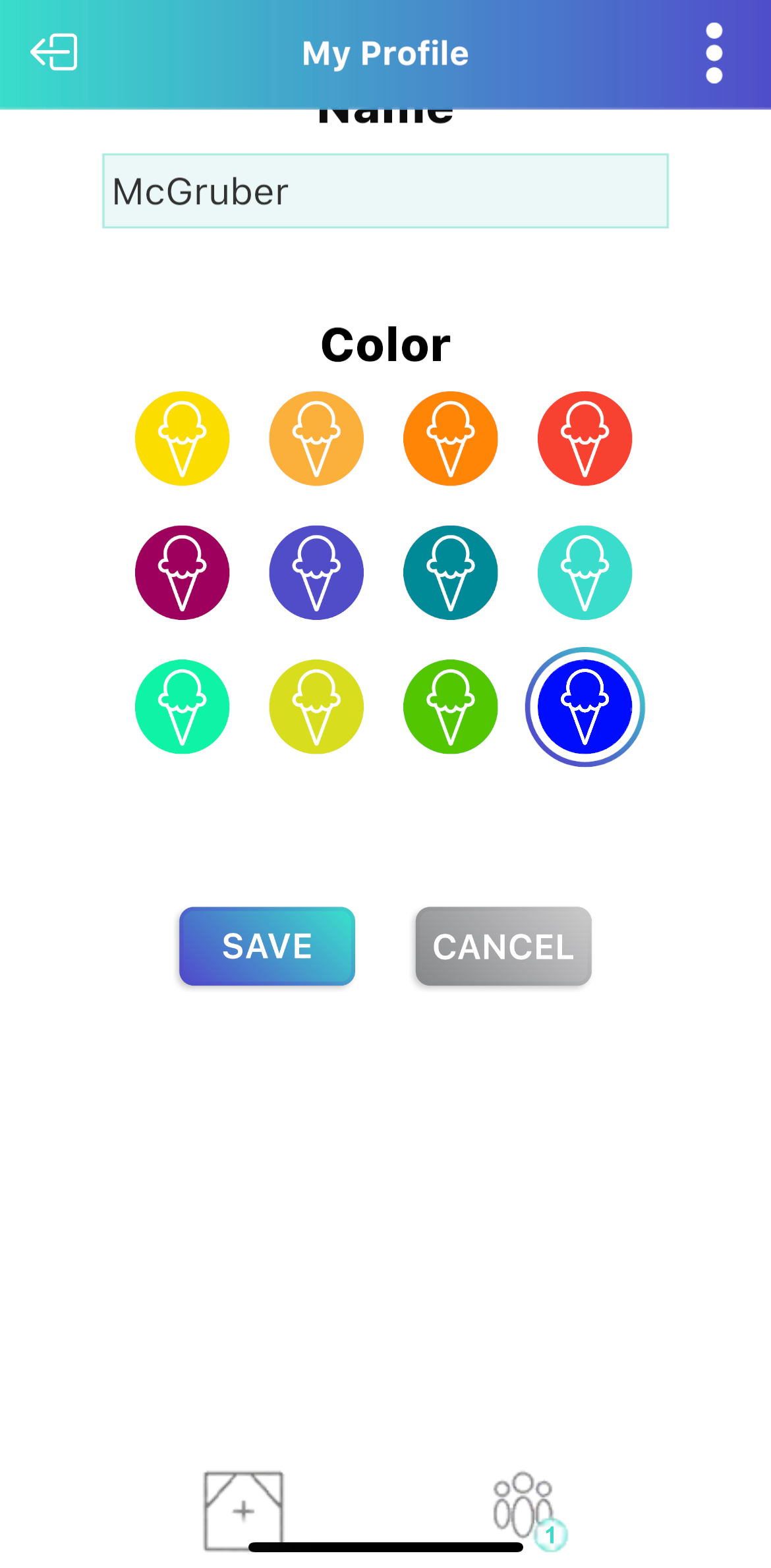IMG-ICEreality-Connect_Mobile_048 ICEreality Connect My profile screen, with previously indicated color selected, and a new indication showing to tap on save