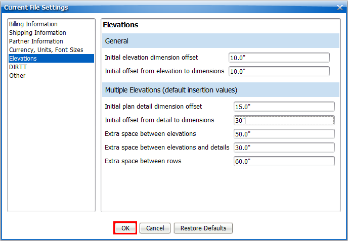 initial offset from detail to dimensions setting 3