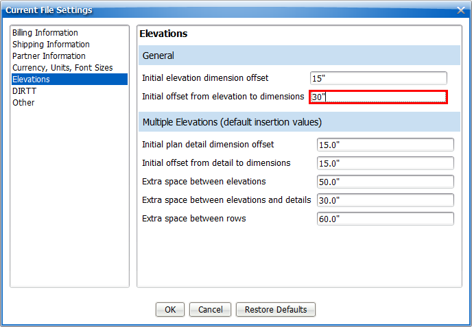 intial offset from elevations to dimensions 1