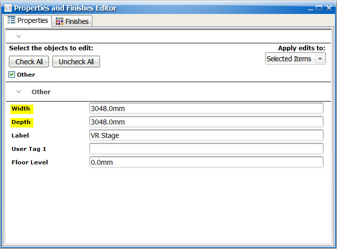 Stages Properties and Finishes Editor