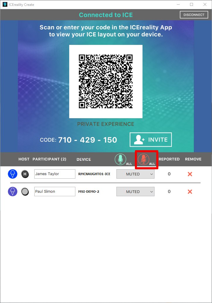 IMG_ICEreality-Create-021 Mouse hovering over the mute all button, with all users muted in experience in the ICEreality Create window