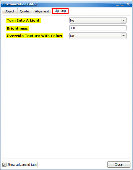 Customization Editor Lighting