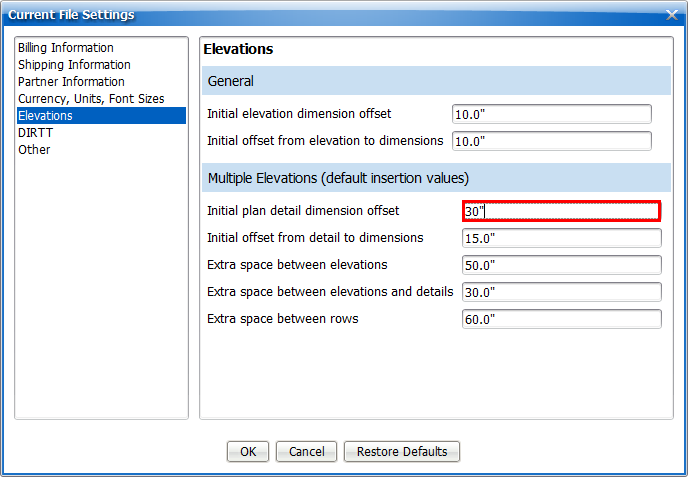 Initial elevation dimension offset 2