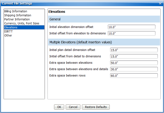 Elevations Section in Current File Settings