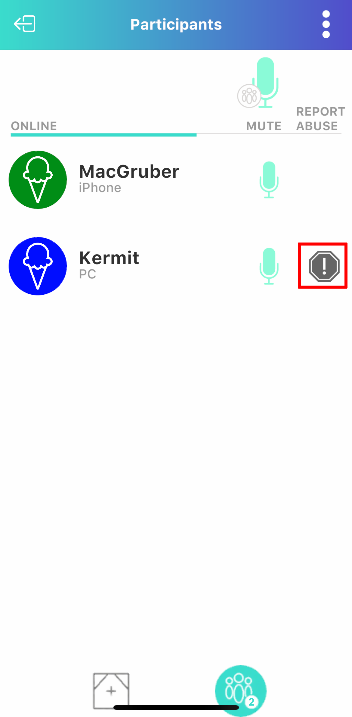 IMG-ICEreality-Connect_Mobile_082 ICEreality Connect participants page with report abuse highlighted