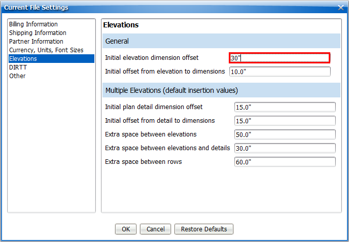 Initial elevation dimension offset 1